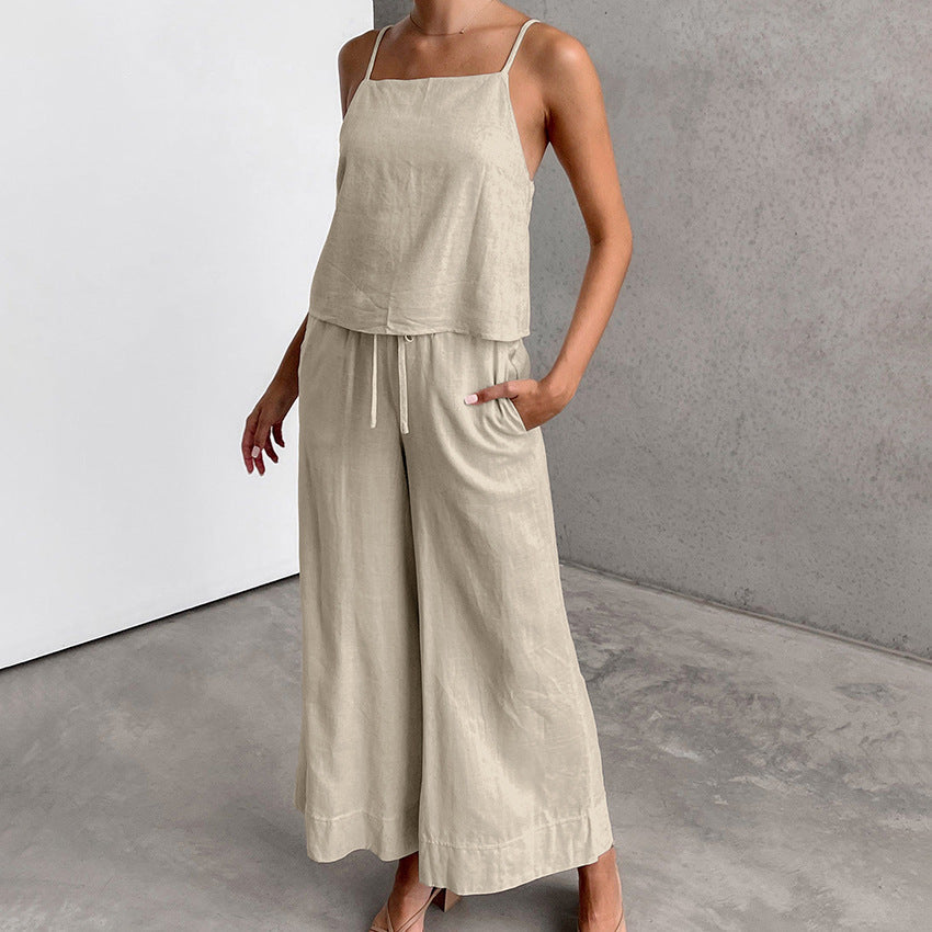 Elegante set da donna in cotone melange: top svasato senza maniche e pantaloni in jersey per un look elegante da tutti i giorni.