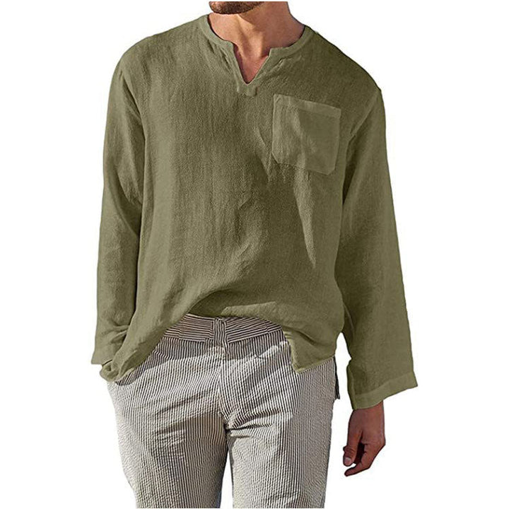 Camicia Uomo a Manica Lunga in Lino e Cotone - Taglio Relaxed e Colletto a Banda per uno Stile Casual Eccellente