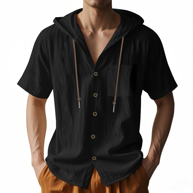 Elegante camicia con cappuccio da uomo in misto lino naturale - comoda, vestibilità ampia, maniche corte e pratici bottoni frontali