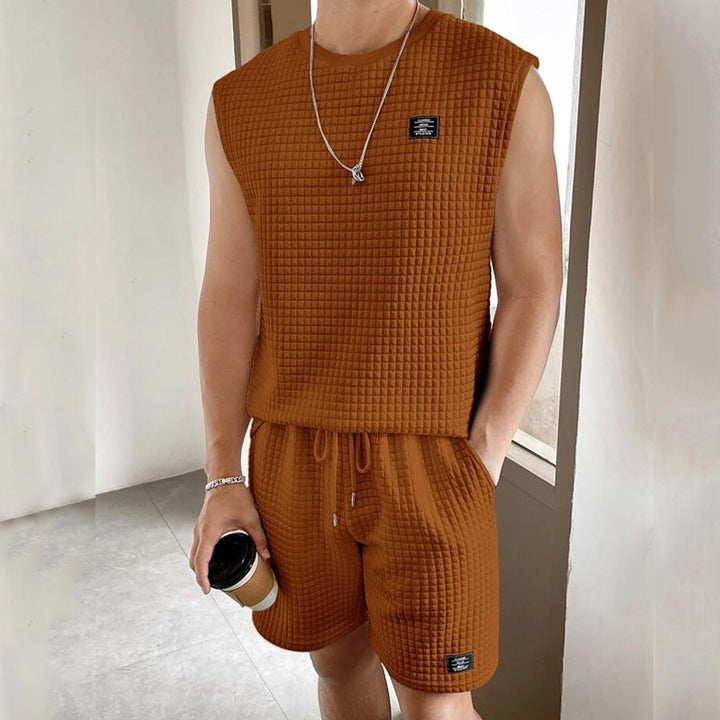 Set da uomo in maille gaufrée - Comodo top e pantaloncini senza maniche per tutti i giorni