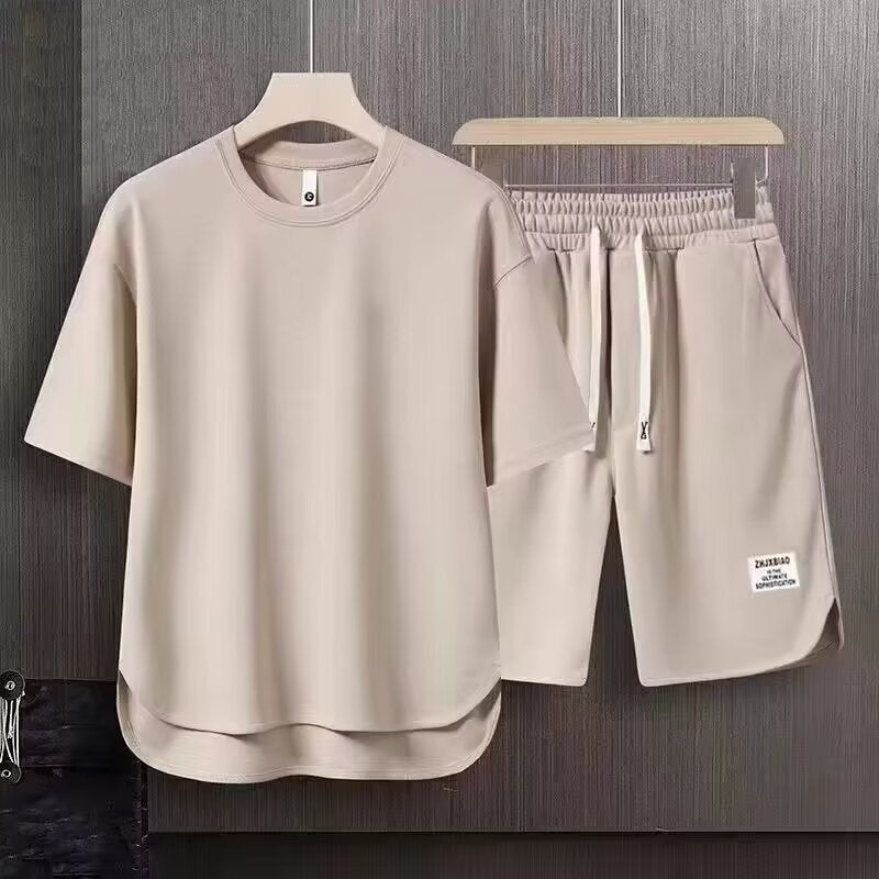 Set sportivo da uomo con orlo regolabile - comoda T-shirt con pantaloncini corti e coulisse, in cotone elasticizzato e traspirante