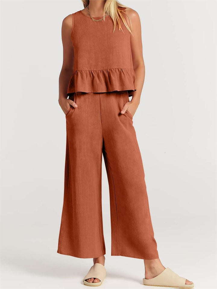 Top peplo e cappotto in misto cotone melange da donna - Top svasato senza maniche con colletto a coste