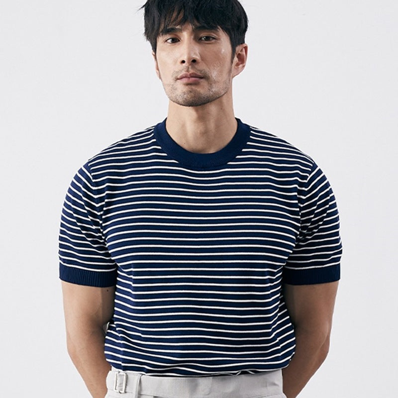 Elegante camicia da uomo slim fit in maglia a righe orizzontali e polsini a costine - Confortevole misto cotone