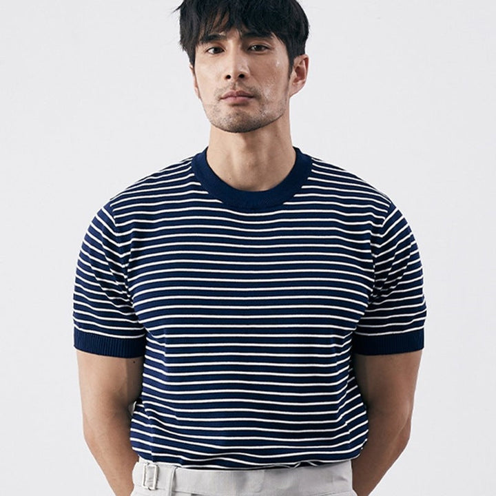 Elegante camicia da uomo slim fit in maglia a righe orizzontali e polsini a costine - Confortevole misto cotone
