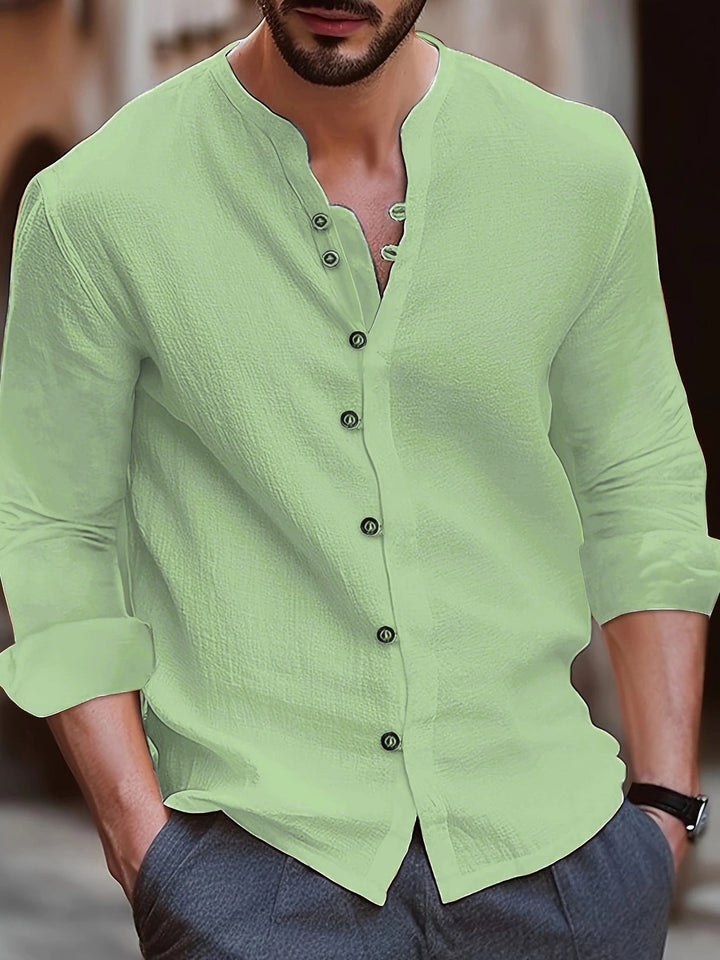 Scarpe sportive Camicia a Manica Lunga da uomo in misto cotone e lino - Taglio comodo e casual - Colletto con cintura - Versione con bottoni