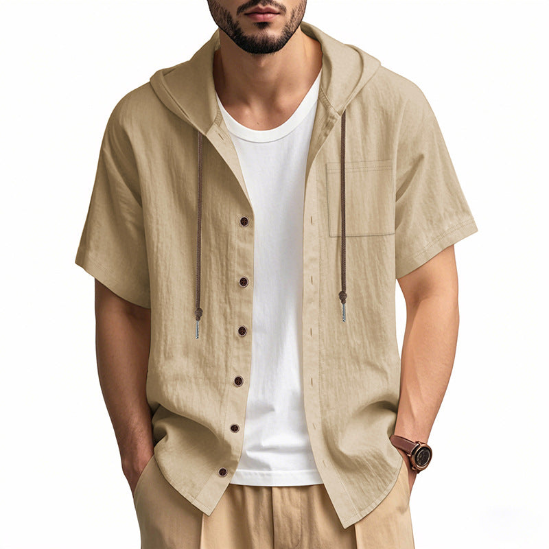 Elegante camicia con cappuccio da uomo in misto lino naturale - comoda, vestibilità ampia, maniche corte e pratici bottoni frontali