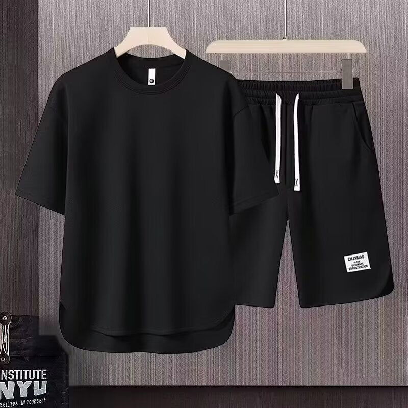 Set sportivo da uomo con orlo regolabile - comoda T-shirt con pantaloncini corti e coulisse, in cotone elasticizzato e traspirante
