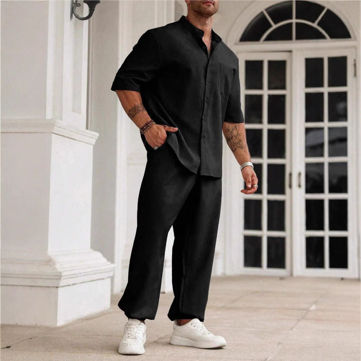 Set completo per uomo - elegante T-shirt a maniche corte e comodi pantaloni in misto cotone e lino - vestibilità rilassata