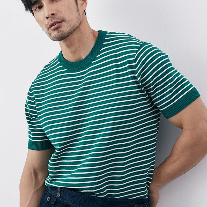 Elegante camicia da uomo slim fit in maglia a righe orizzontali e polsini a costine - Confortevole misto cotone