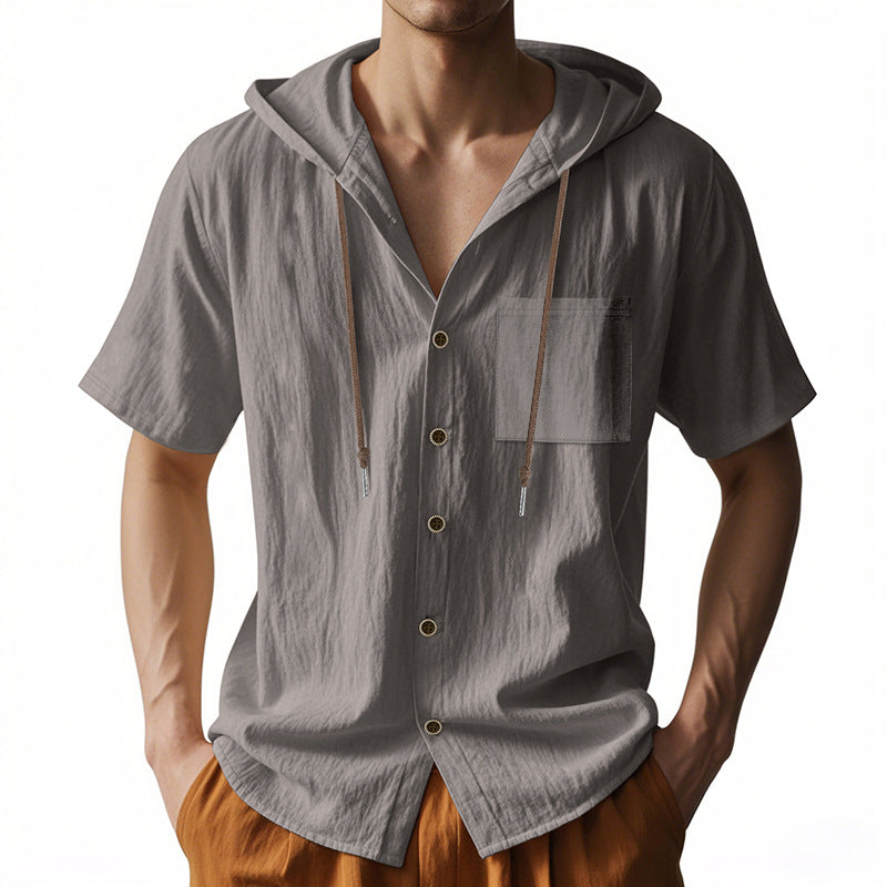 Elegante camicia con cappuccio da uomo in misto lino naturale - comoda, vestibilità ampia, maniche corte e pratici bottoni frontali