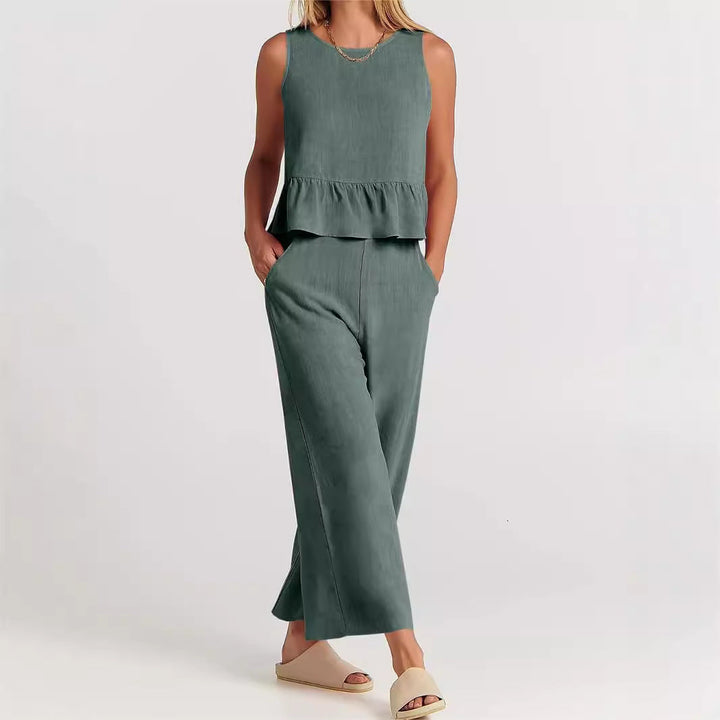 Top peplo e cappotto in misto cotone melange da donna - Top svasato senza maniche con colletto a coste