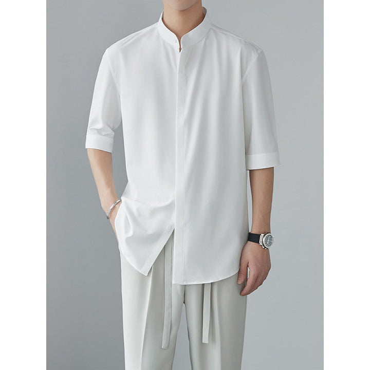 Camisa de manga larga para homme con ajuste relajado, cuello mandarín, tela leggera e traspirante per una maggiore comodità
