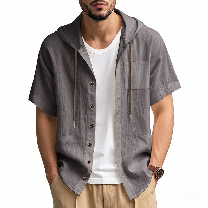 Elegante camicia con cappuccio da uomo in misto lino naturale - comoda, vestibilità ampia, maniche corte e pratici bottoni frontali