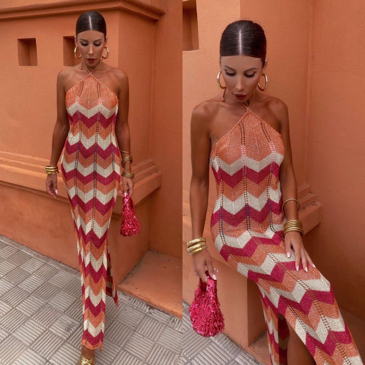 Maxi vestaglia da donna alla moda con mezzo dolcevita ed energico motivo a zig-zag - senza maniche, a vita alta per un look elegante