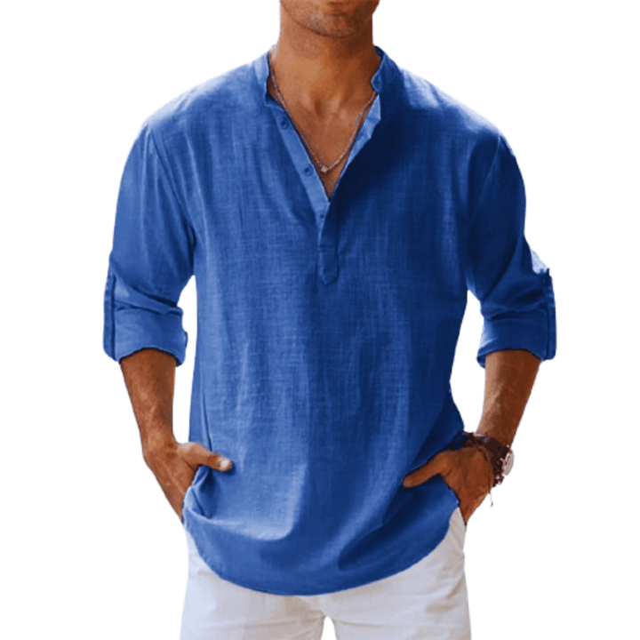 Camicia Henley elegante da uomo in misto lino - manica lunga, comoda vestibilità regolare per tutti i giorni