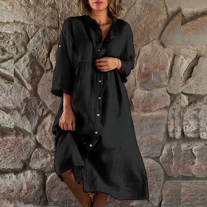 Elegante abito da donna in lino con bottoni - comoda vestibilità ampia con maniche a 3/4, leggere e traspiranti per essere indossate tutto il giorno