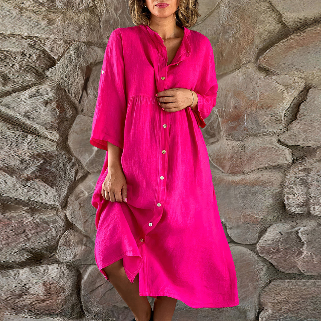 Elegante abito da donna in lino con bottoni - comoda vestibilità ampia con maniche a 3/4, leggere e traspiranti per essere indossate tutto il giorno