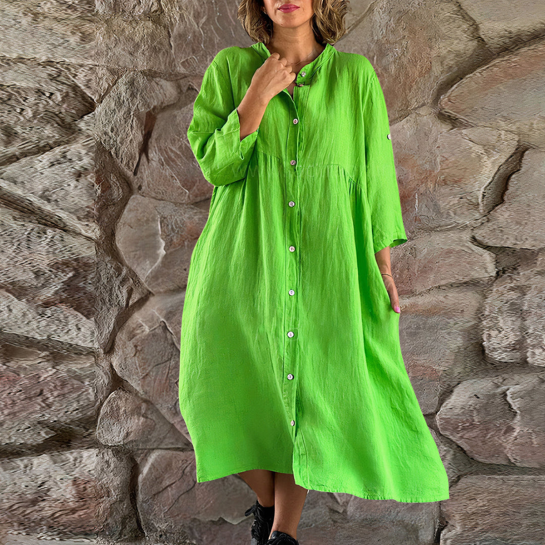 Elegante abito da donna in lino con bottoni - comoda vestibilità ampia con maniche a 3/4, leggere e traspiranti per essere indossate tutto il giorno
