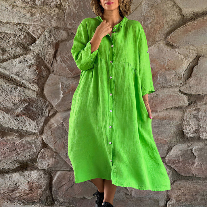 Elegante abito da donna in lino con bottoni - comoda vestibilità ampia con maniche a 3/4, leggere e traspiranti per essere indossate tutto il giorno