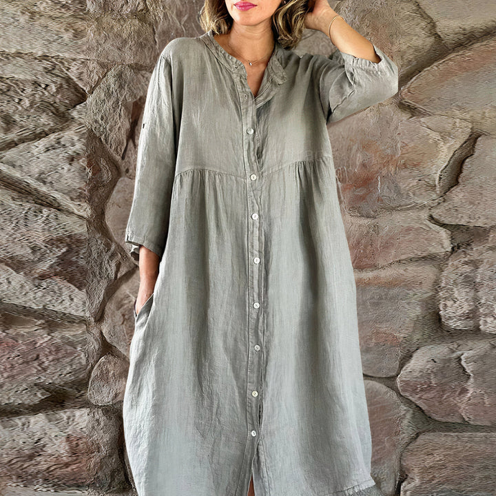 Elegante abito da donna in lino con bottoni - comoda vestibilità ampia con maniche a 3/4, leggere e traspiranti per essere indossate tutto il giorno