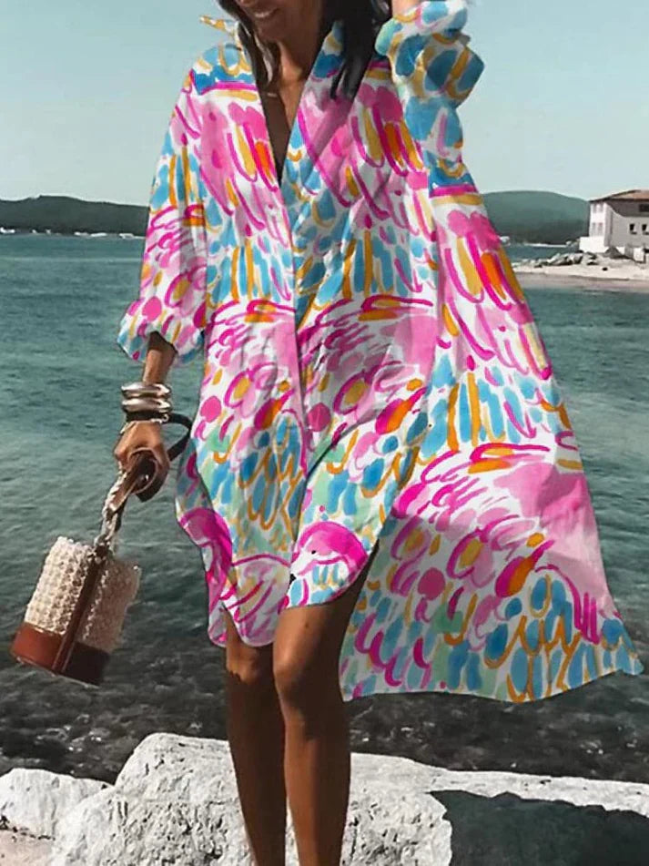 Elegante vestaglia da donna svasata con scollo a punta e polsini lunghi - elegante inserto asimmetrico