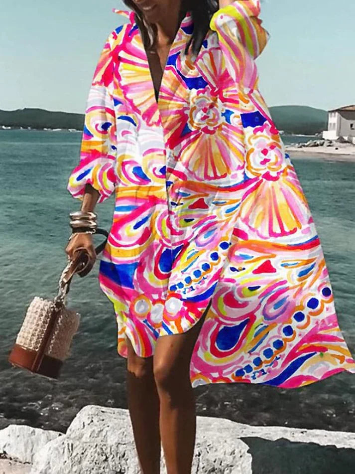 Elegante vestaglia da donna svasata con scollo a punta e polsini lunghi - elegante inserto asimmetrico