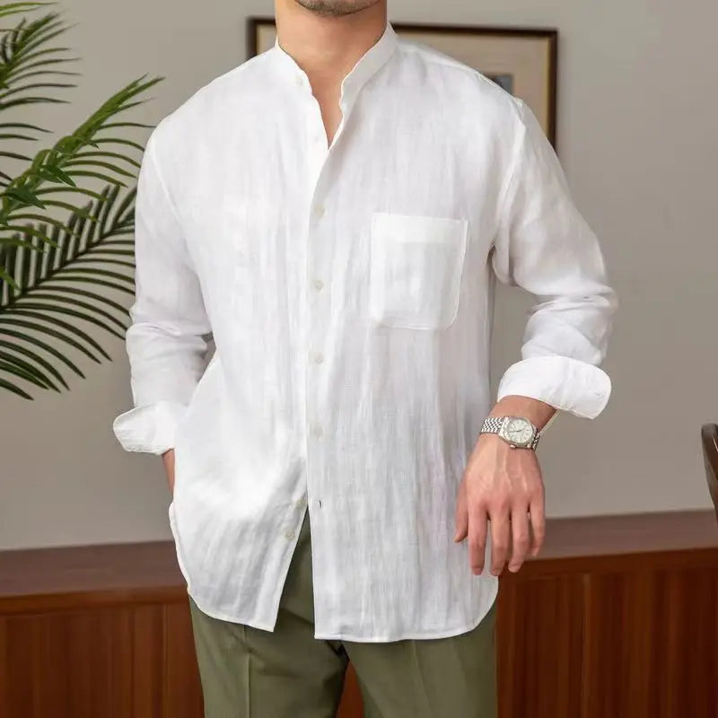 Camicia da uomo in lino traspirante con vestibilità ampia ed elegante colletto alla mandarina - manica lunga con bottoni per un comodo look casual