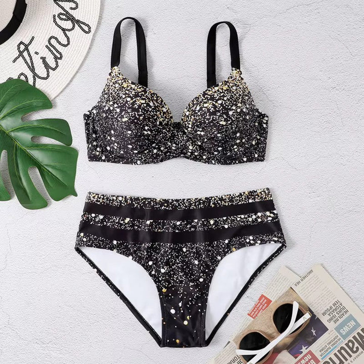Elegante bikini da donna a vita alta con stampa di foglie alla moda per un look unico