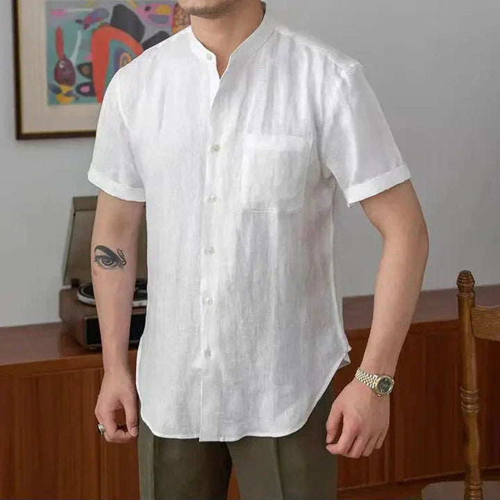 Camicia da uomo in lino traspirante con vestibilità ampia ed elegante colletto alla mandarina - manica lunga con bottoni per un comodo look casual