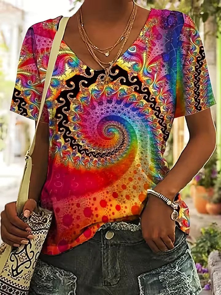T-shirt retrò da donna con elegante scollatura a punta