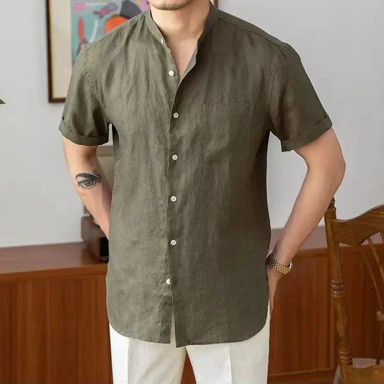 Camicia da uomo in lino traspirante con vestibilità ampia ed elegante colletto alla mandarina - manica lunga con bottoni per un comodo look casual
