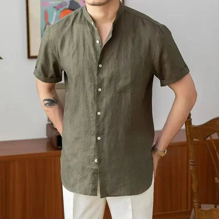 Camicia da uomo in lino traspirante con vestibilità ampia ed elegante colletto alla mandarina - manica lunga con bottoni per un comodo look casual