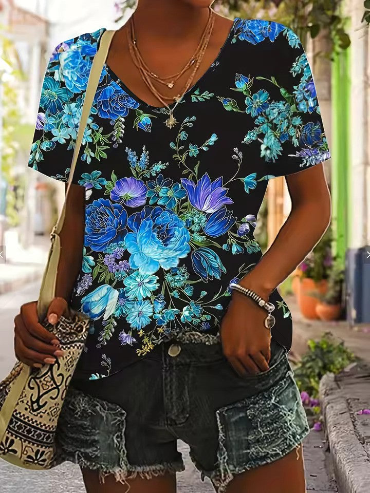 T-shirt retrò da donna con elegante scollatura a punta