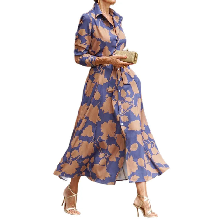 Elegante abito camicia da donna con maniche lunghe, grazioso motivo floreale e cintura regolabile in vita
