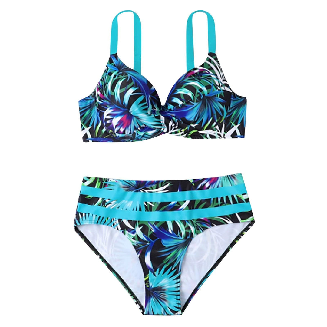 Elegante bikini da donna a vita alta con stampa di foglie alla moda per un look unico