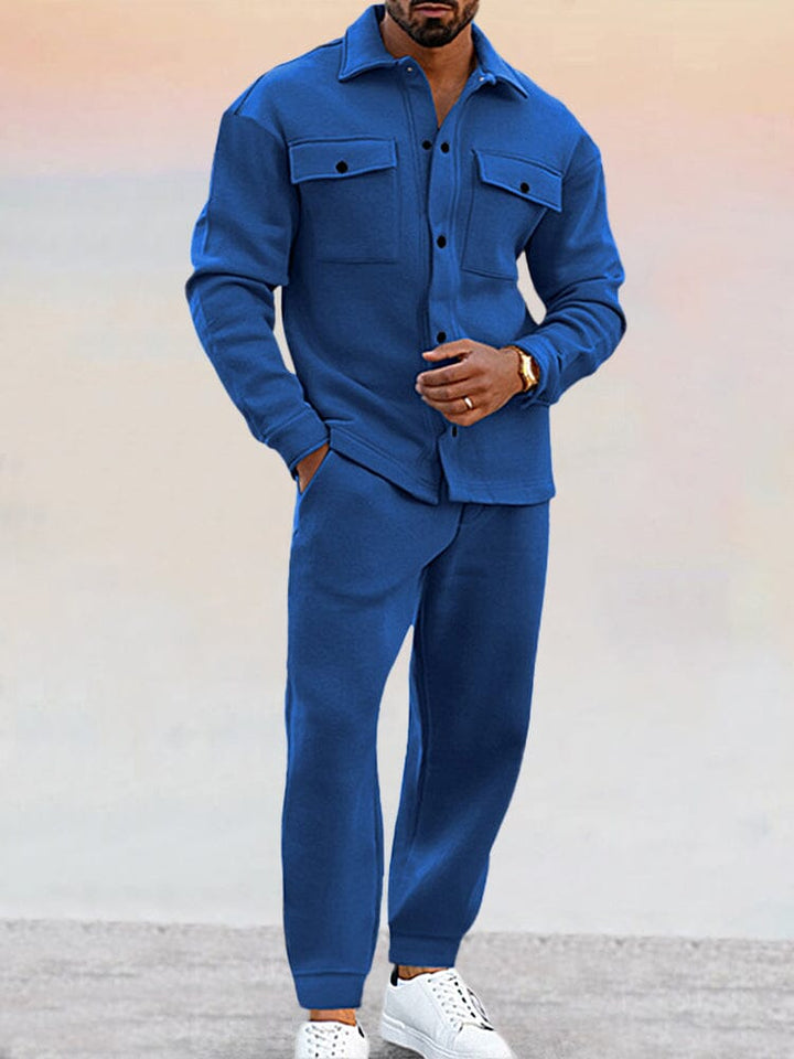 时尚男士长袖衬衫与运动裤套装: 时尚男士长袖衬衫与运动裤套装↩闲潮流必备两件套