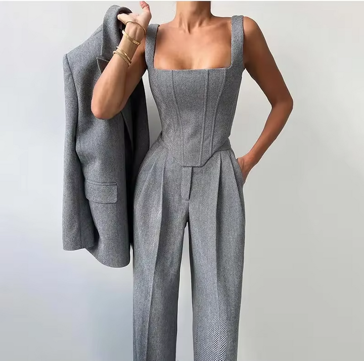 Tuta da donna 3 pezzi elegante e alla moda con blazer alla moda, top elegante e comode gambe larghe