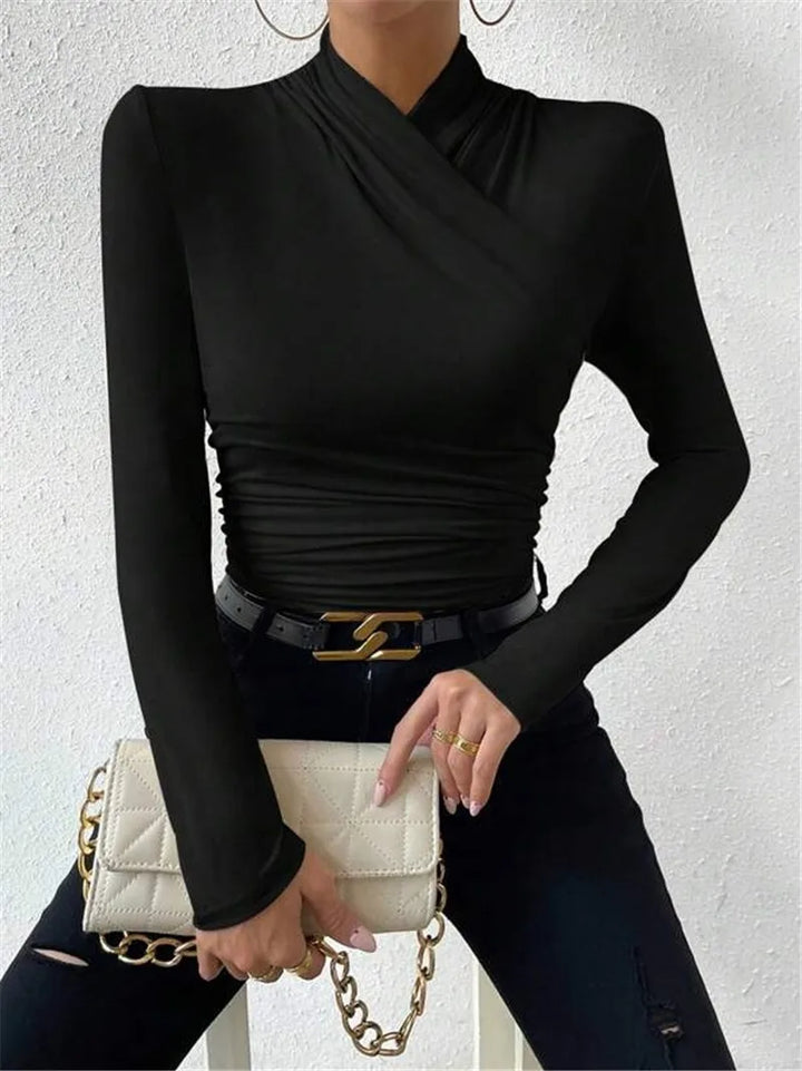 Top elegante da donna con scollo a punta e maniche lunghe - vestibilità slim elegante e aderente