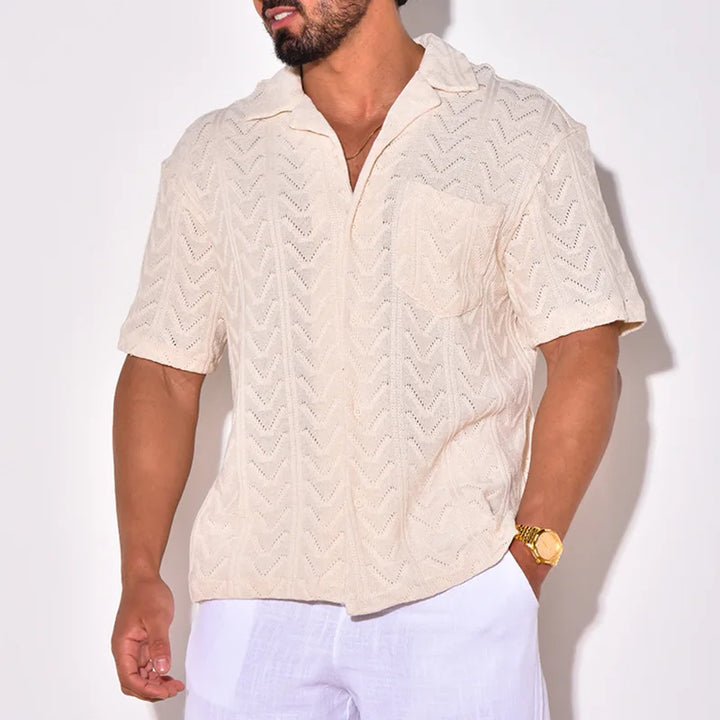 Camicia da uomo elegante in maglia jacquard - comoda vestibilità ampia, maniche corte e colletto casual per un look unico
