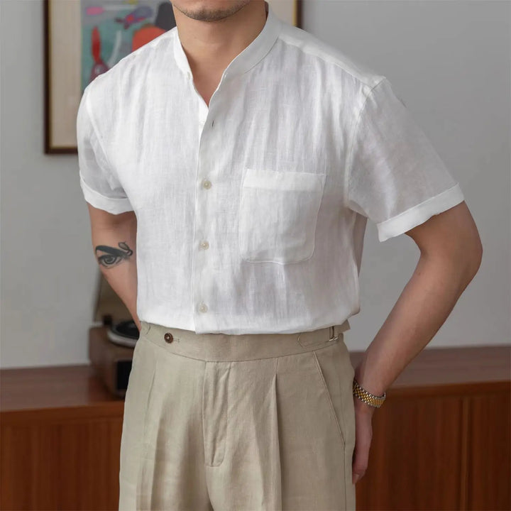 Camicia da uomo in lino traspirante con vestibilità ampia ed elegante colletto alla mandarina - manica lunga con bottoni per un comodo look casual