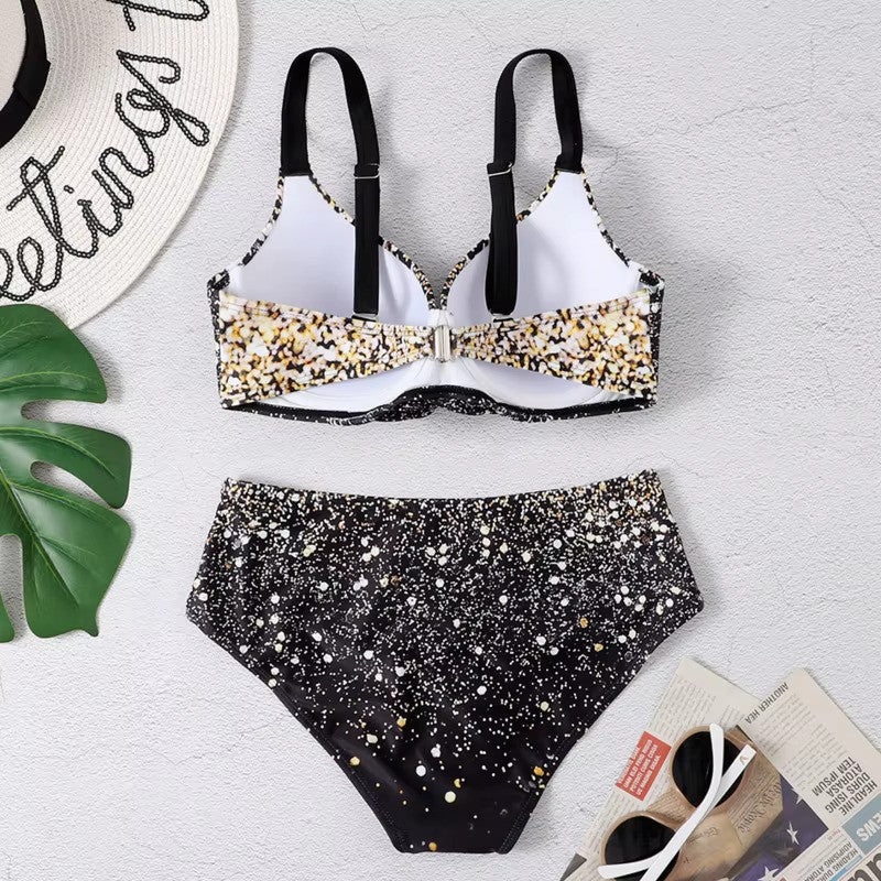 Elegante bikini da donna a vita alta con stampa di foglie alla moda per un look unico