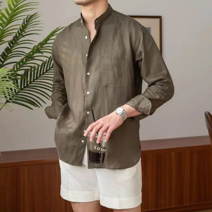 Camicia da uomo in lino traspirante con vestibilità ampia ed elegante colletto alla mandarina - manica lunga con bottoni per un comodo look casual