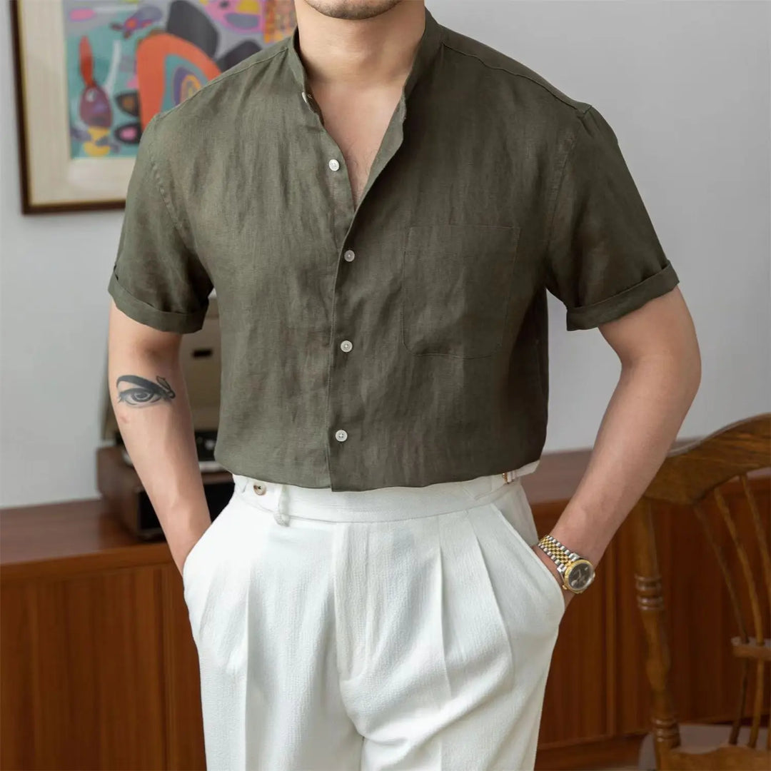 Camicia da uomo in lino traspirante con vestibilità ampia ed elegante colletto alla mandarina - manica lunga con bottoni per un comodo look casual