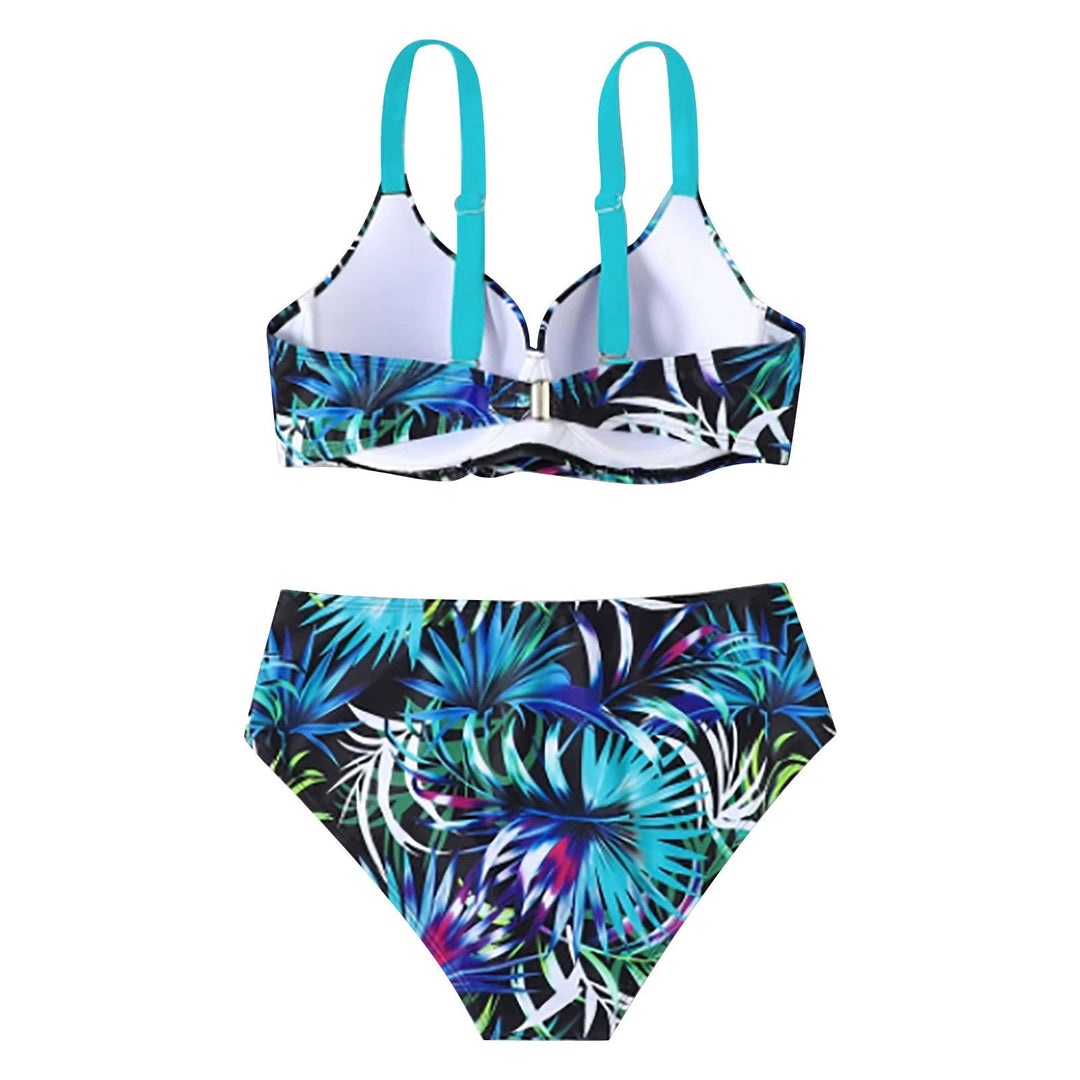Elegante bikini da donna a vita alta con stampa di foglie alla moda per un look unico
