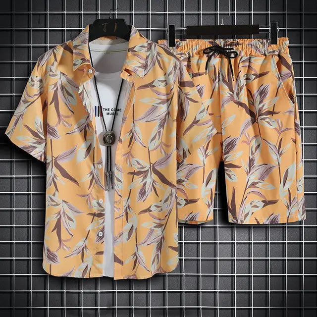 Elegante set da uomo con motivo tropicale, camicia button-down e pantaloni eleganti