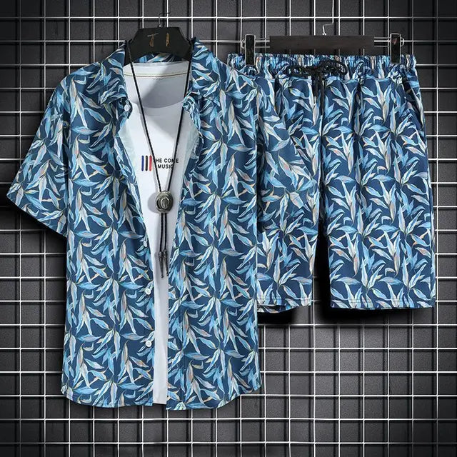 Elegante set da uomo con motivo tropicale, camicia button-down e pantaloni eleganti