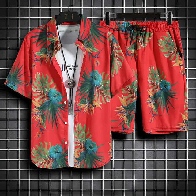 Elegante set da uomo con motivo tropicale, camicia button-down e pantaloni eleganti
