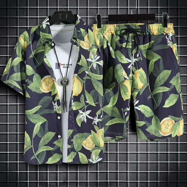 Elegante set da uomo con motivo tropicale, camicia button-down e pantaloni eleganti