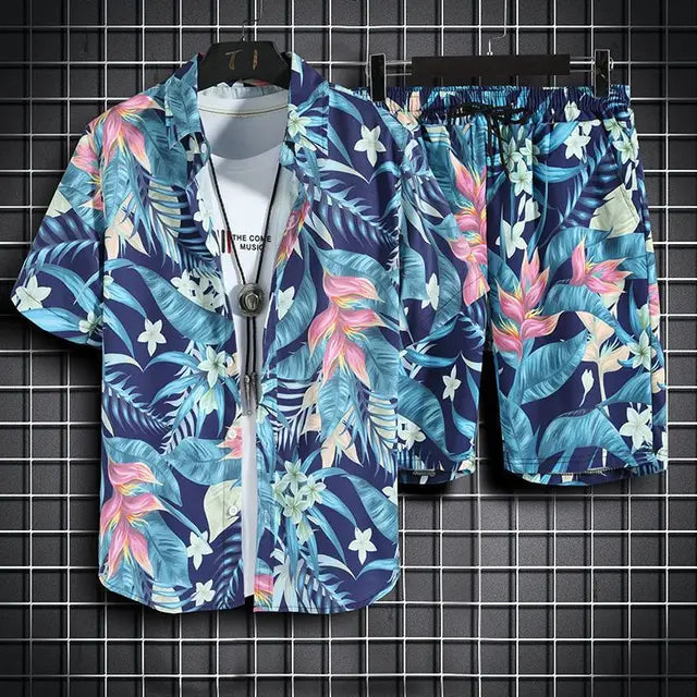 Elegante set da uomo con motivo tropicale, camicia button-down e pantaloni eleganti