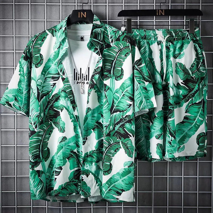 Elegante set da uomo con motivo tropicale, camicia button-down e pantaloni eleganti